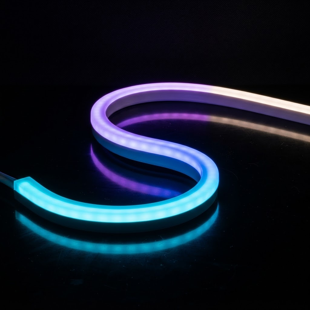 RGBW Silikon-Neonstrip in fliessender S-Kurve mit durchgehend leuchtender 270°-Lichtlinie